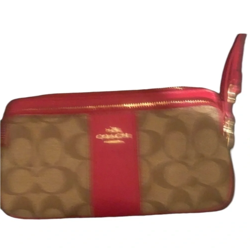 Coach red monogram large zip accordion style wallet with wrist strap